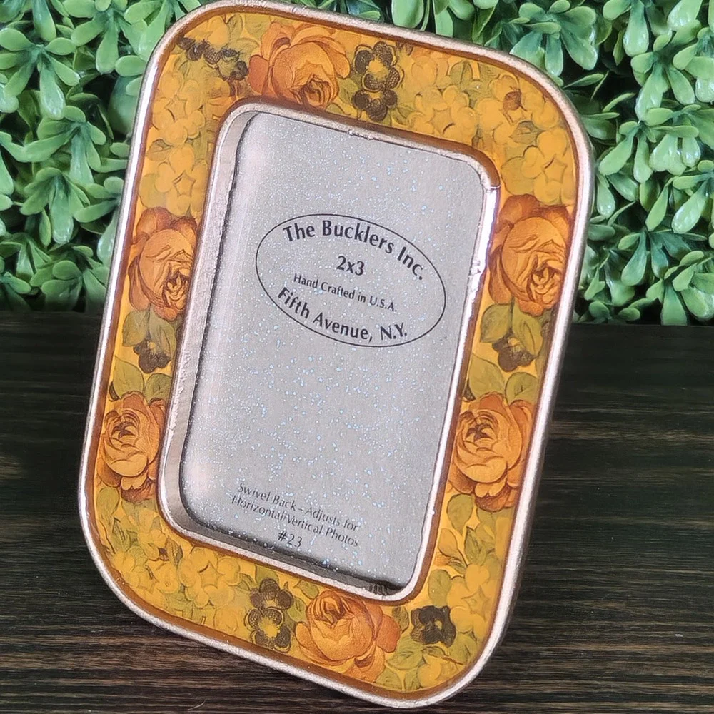 VTG Fifth Ave Bucklers Inc Floral Enamel 2x3 Pic Frame Yellow Orange Rose #23